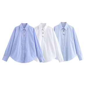 Chemise Casual À Manches Longues Pour Femmes Col À Revers Chemisier Boutonné Coupe Ample Rayé Blanc Bleu Ciel Travail