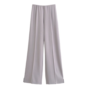 Pantalon large taille haute gris mauve pour femme avec plis marqués et fentes latérales