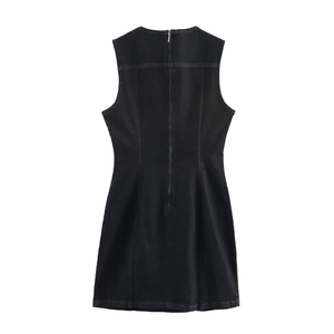 Robe sans manches noire effet denim pour femme avec fermeture éclair apparente au dos