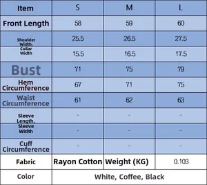 Size chart for women basic top with measurements for S, M, and L in mercerized cotton