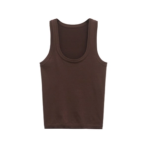 Women's minimalist deep U-neck knit tank top in chocolate brown with ribbed hem