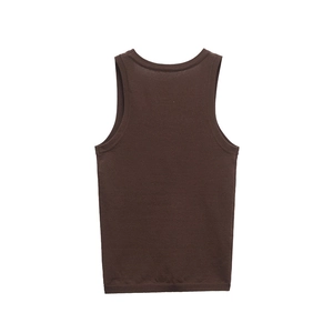 Macro shot of fine-ribbed chocolate brown knit fabric on a slim sleeveless tank top