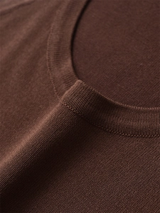 Detailed view of the fine knit texture and classic round neckline on a dark brown top