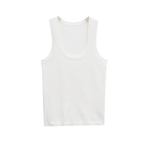 Close-up of a white sleeveless tank top featuring a wide U-neck and fine knit cotton fabric