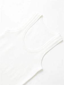Close-up of white rib-knit sleeveless top featuring a classic round neck and premium stitching
