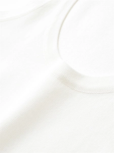 Close-up of the finely stitched crew neckline on a premium white knitted top