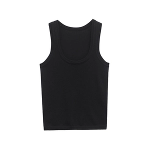 Women's minimalist black sleeveless tank top with wide straps and scoop neckline