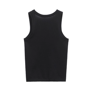 Close-up of black sleeveless knit top featuring soft ribbed texture and U-neck back