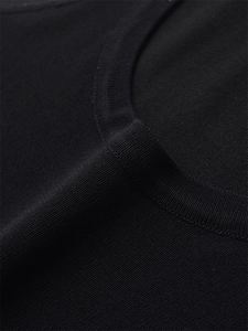 Close-up of fine knit black crew neck top showing detailed stitching and fabric texture
