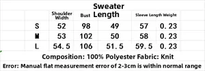 Größentabelle für V-Ausschnitt Strickjacke mit Maßen für Schulter, Brust und Länge