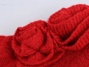 Detail von roten 3D-Strickblumen mit feiner Häkeltextur auf der Strickjacke für Damen
