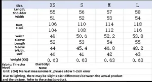 Detailed size chart for autumn felt jacket showing measurements for XS, S, M, and L sizes