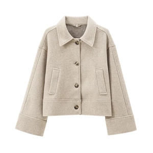 Detail of oatmeal felt jacket showing classic collar and dark button closure