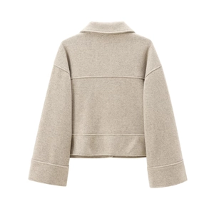 Detailed back view of an oatmeal felt jacket with stylish drop shoulders and lapel collar