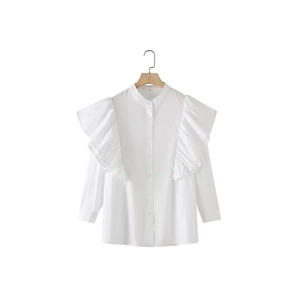 Elegante Camicetta Bianca da Donna con Volant Manica Lunga Colletto alla Coreana Monopetto Tinta Unita Camicia alla Moda Francese Top