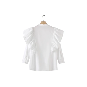 Camicia bianca chic a maniche lunghe da donna con eleganti volant e colletto alla coreana