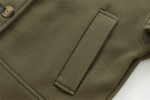 Detailed macro shot of an amber horn button and a side pocket on an olive wool coat