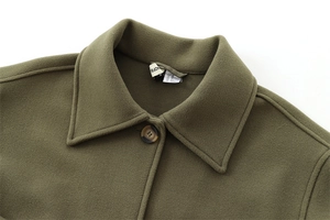 Detail view of olive green wool coat collar with amber button and thick felt texture