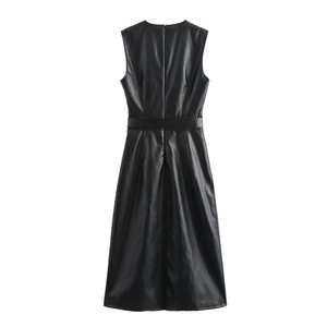 Ärmelloses Midi Kleid Aus Kunstleder Rundhals Schwarz Einfarbig Mit Gürtel Elegante Streetwear Für Damen