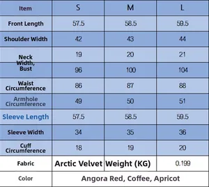 Size chart for crewneck knit top showing detailed S, M, L dimensions and fabric info
