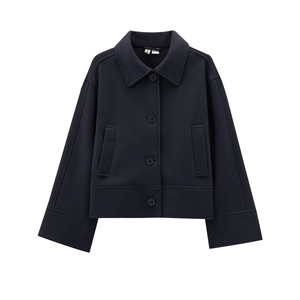 Women's dark blue short wool coat with classic lapel and oversized buttons in boxy fit