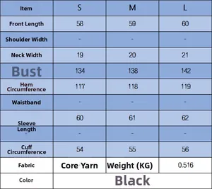 Detailed size chart for black lace patchwork knit jacket with measurements and core-spun yarn