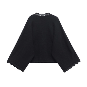 Elegant black knit cardigan for women with wide sleeves and intricate lace trim detailing