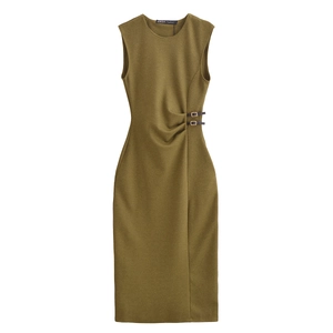 Women's Casual Olive Green Sleeveless Midi Dress Elegant Round Neck Side Buckle Pleated A-Line Streetwear Fashion Summer Dress