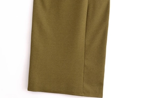 Detailed close-up showing the premium olive green twill fabric and fine stitching of the hem