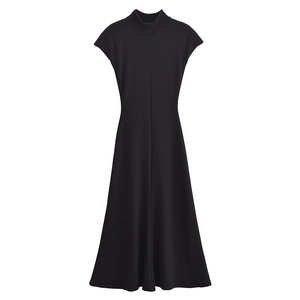 Women Mock Neck Sleeveless Cap Sleeve A-Line Maxi Dress Polyester Solid Color Vertical Seam High Waist Slim Fit Long Dress