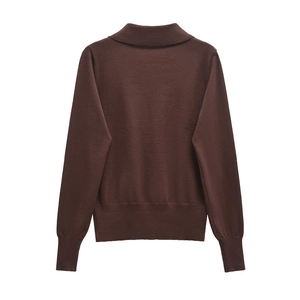 Rückansicht eines langärmeligen Polo-Strickpullovers aus dunkelbraunem Wollmischgewebe