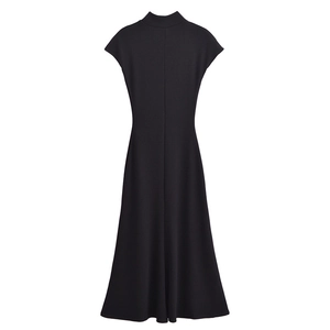 Detail view of a slim-fit black sleeveless midi dress with center back seam stitching