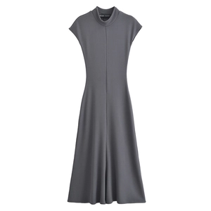 Slim fit dark grey knit midi dress with half-turtleneck and cap sleeves on white background