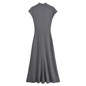Detail of dark grey sleeveless dress with back seam stitching and soft knit fabric texture