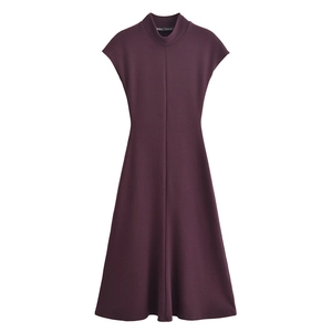Slim fit sleeveless dark purple midi dress with a mock neck and structured front seam