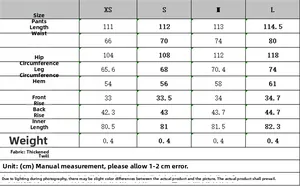 Tableau des tailles pour pantalons larges avec mesures de XS à L en cm et détails du tissu