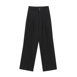 Pantalon large noir taille haute pour femme avec plis élégants et fermeture à double bouton