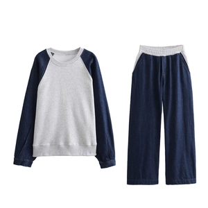 Women Denim Patchwork Sweatshirt And Pants Casual Round Neck Long Sleeve Top And Bottom Light Gray Contrast Color Jogger Set