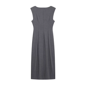 Robe midi sans manches gris foncé avec plis à la taille et fermeture éclair invisible