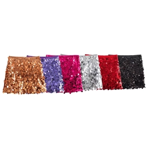 Detail view of mini skirts in six colors featuring layered metallic sequins and A-line cut