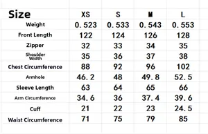 Detailed size chart for long sleeve French waist dress featuring XS to L measurements