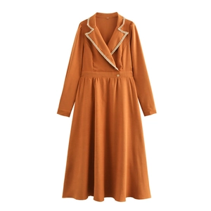 Brown long sleeve A-line dress with blazer collar and white lace trim detail