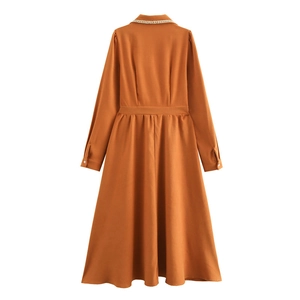 French style long sleeve orange maxi dress with slim waist and tailored lapel design