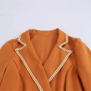French style orange long sleeve dress with waist slimming fit and lace trim collar