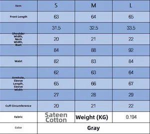 Size chart table for slim fit long sleeve top with mercerized cotton fabric measurements