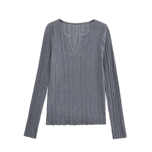 Slim fit dark grey long sleeve knit top for women with unique notched crew neckline