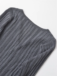 Detail of dark grey ribbed knit long sleeve top showing fabric texture and neckline