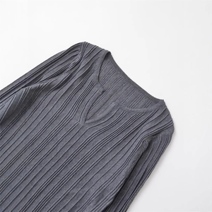 Slim fit dark grey V-neck long sleeve knit top with vertical ribbed texture for women