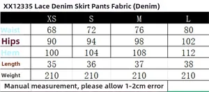 Guida alle taglie per gonna pantalone in denim con misure di vita, fianchi e lunghezza