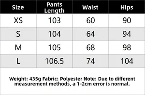 Size chart showing waist, hip, and length measurements for polyester trousers in cm